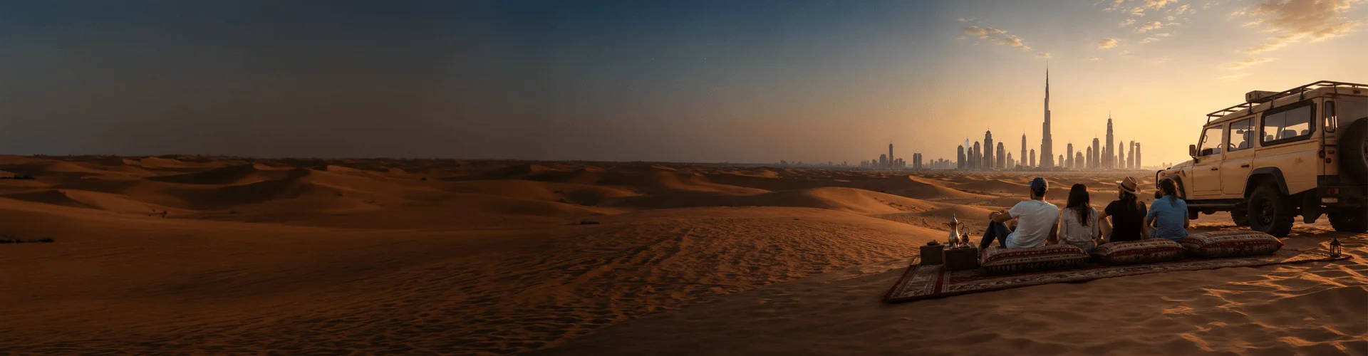 Guests watching the Dubai skyline from the desert dunes on a Captain Dunes safari