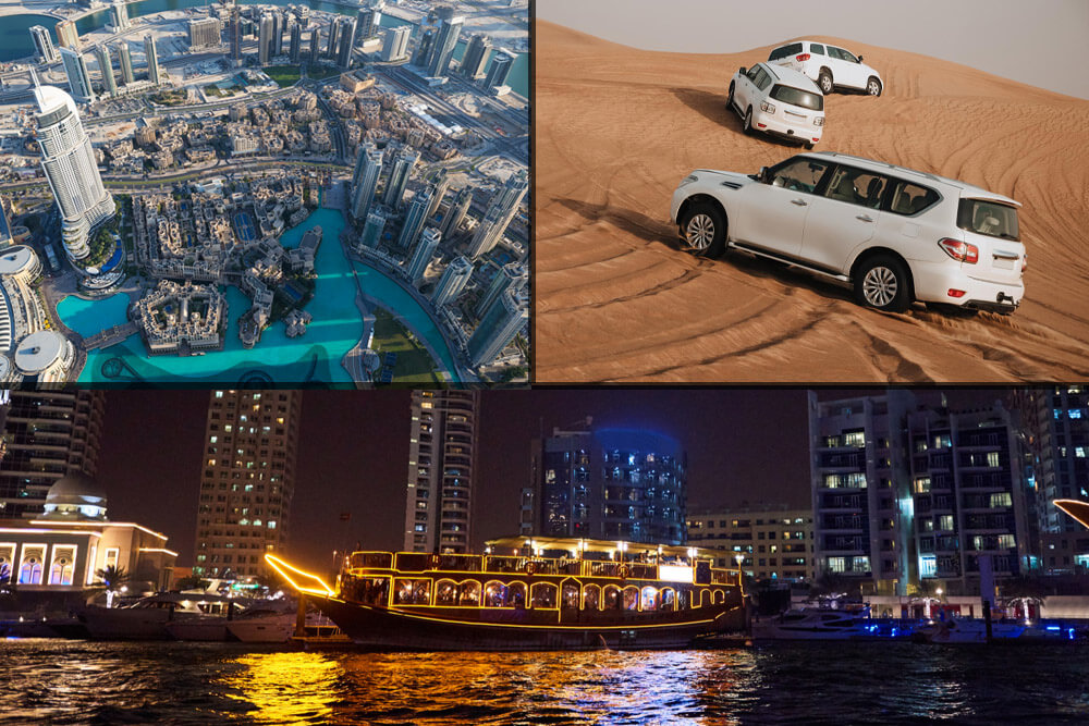 Dubai Sightseeing City Tour + Desert Dune Bashing with Camel Ride + Dhow Dinner (BBQ Buffet) Cruise