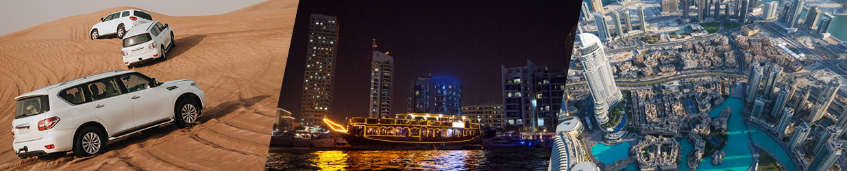 Dubai Sightseeing City Tour + Desert Dune Bashing with Camel Ride + Dhow Dinner (BBQ Buffet) Cruise